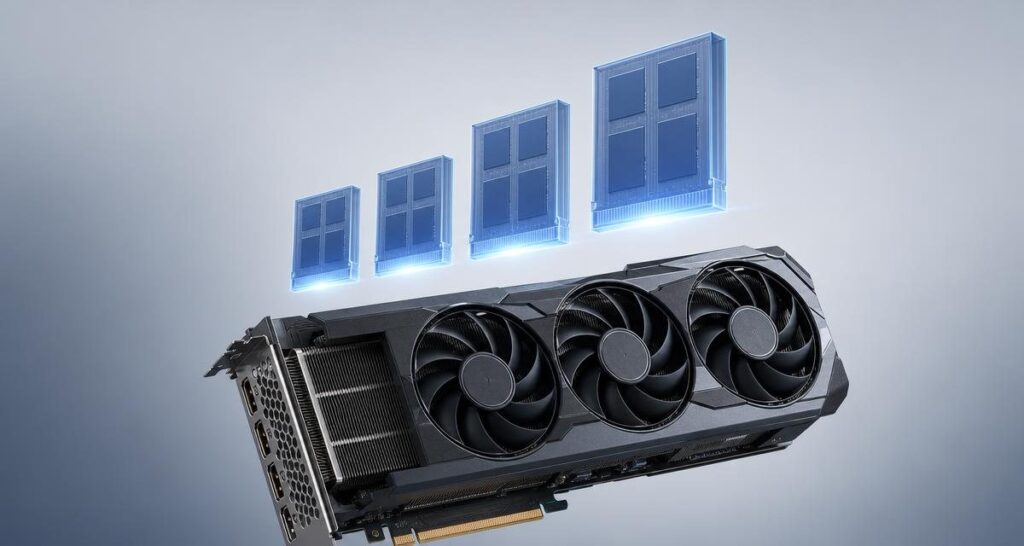 グラフィックボードと大きさの異なる4つのメモリブロックで、VRAM容量の違いを表したイラスト