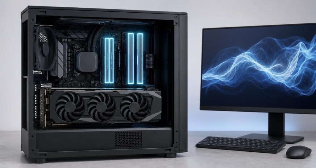 AI画像生成用PCのメモリ容量選びを表す、PCケース内のメモリモジュールとグラフィックボードのイラスト