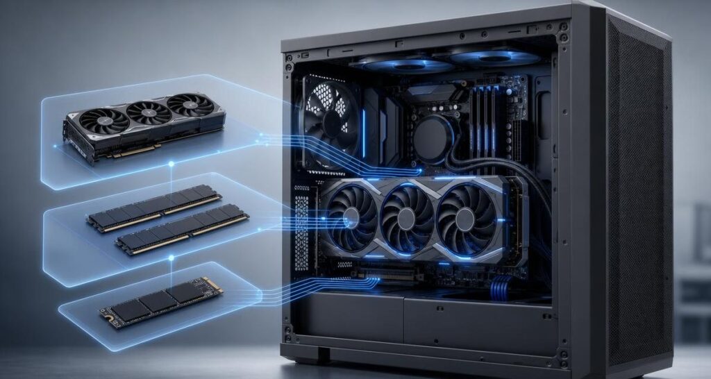 AI画像生成用PCのGPU・VRAM・メモリ・SSDの優先順位をイメージした内部構造のイラスト