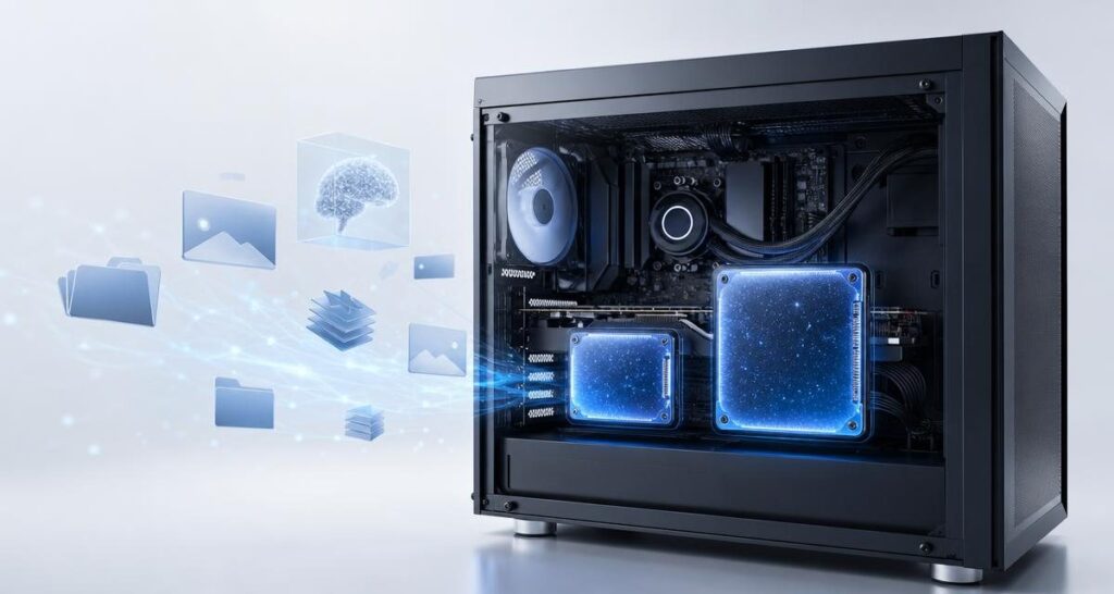 AI画像生成用PCのSSD容量比較を示す、PCケース内部に大小二つのストレージモジュールとデータ粒子を描いたイメージ画像
