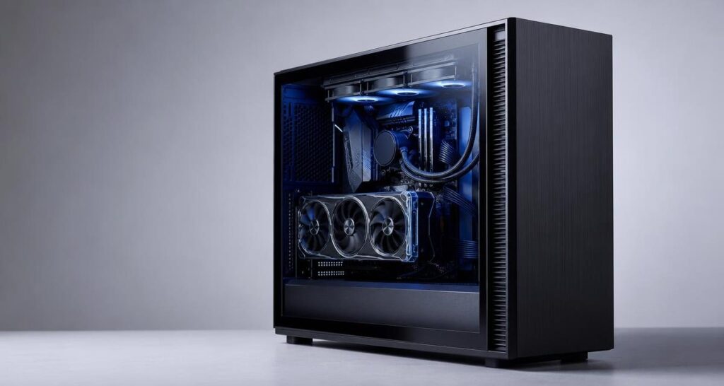 透明サイドパネル付きゲーミングPCタワーの内部構造を描いたイラスト。グラフィックカードや水冷クーラーなど高性能パーツを紺と青系トーンで表現。